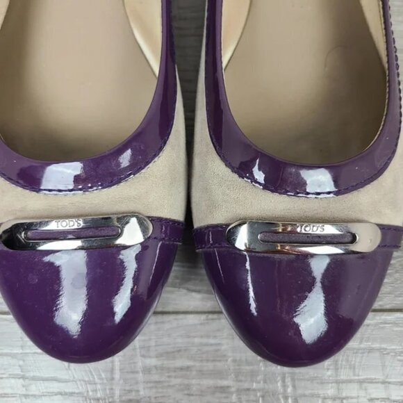TODS Cream Suede & Purple Patent Leather Embellished Cap Toe Ballet Flats Sz 5.5 - Picture 6 of 15